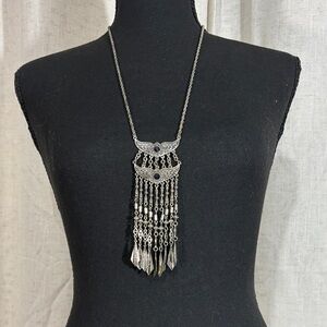 Silver Tone Statement Necklace with Black Accents